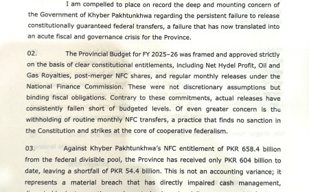 دوفاقي پېسو په عدم ادائيګۍ  دوزيراعلى وزيراعظم ته خط، صوبه دسخت مالي اؤ انتظامي بحران ښکار ده،سهيل افريدے