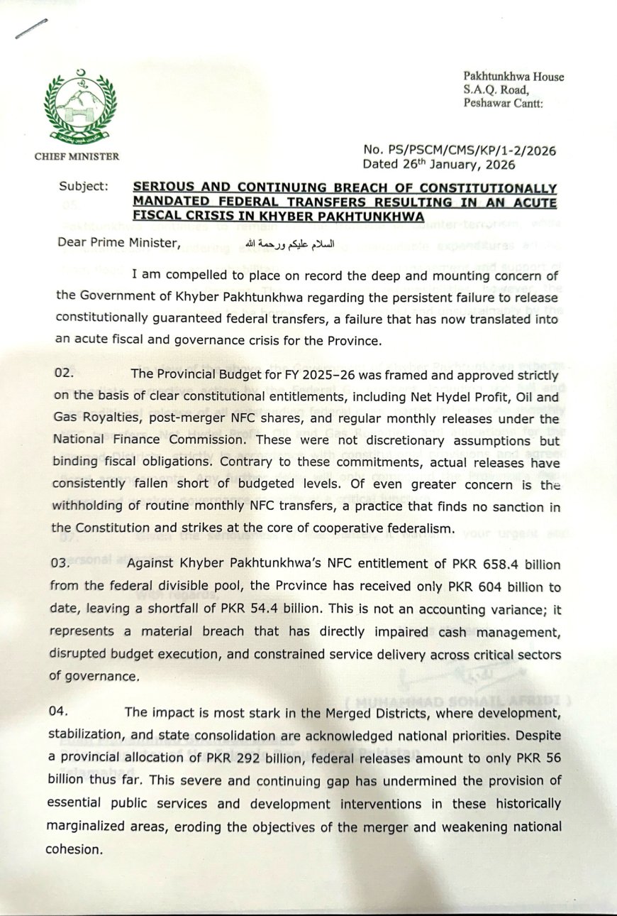 دوفاقي پېسو په عدم ادائيګۍ  دوزيراعلى وزيراعظم ته خط، صوبه دسخت مالي اؤ انتظامي بحران ښکار ده،سهيل افريدے